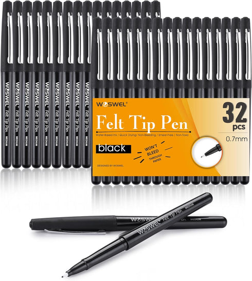 Black Felt Tip Pens, 32 Black Pens, 0.7mm Medium Point Felt Pens, Felt Tip Markers Pens for Journaling, Note Taking, Planner, Writing,Drawing.Perf...
