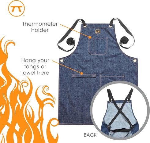 Outset Grill and Kitchen Apron, Cross Back Blue Denim Apron With Pockets, 27" x 30"...