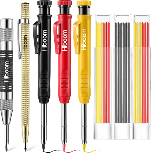 Hiboom 8 Pack Carpenter Pencil Set, 3 Colorful Solid Carpenter Pencils with Sharpener and Refills, Automatic Center Punch, Carbide Scribe Tool Kit...