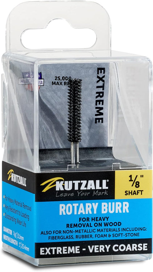 Kutzall Extreme Cylinder Burr, 1?8" Shaft, Very Coarse - Woodworking Attachment for Dremel, Foredom, DeWalt, Milwaukee. Abrasive Tungsten Carbide,...