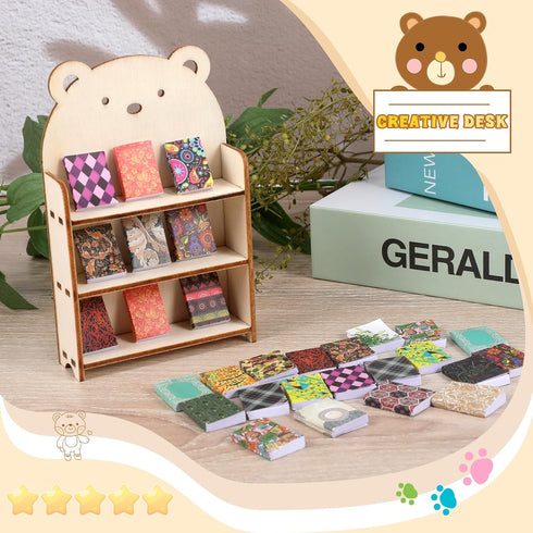 64Pcs Mini Bookcase Toy Book Shelf Wood Doll House FurnitureModel Library Decor Four Floors Storage Shelves Pretend Play 1:12 Accessories scene Ha...