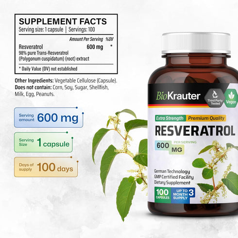 Resveratrol Capsules - Natural Antioxidant Resveratrol Supplement - Organic Resveratrol Powder 600 mg - Bioactive 98% Pure Trans Resveratrol - 100...