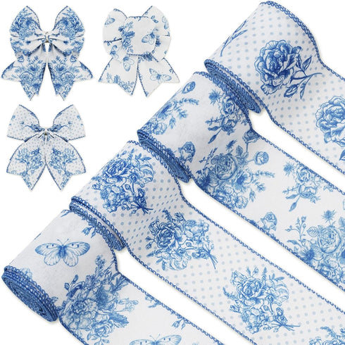 White and Blue Wired Edge Ribbon Floral Butterfly Craft Ribbon 24 Yards 2.5 Inch Blue Flower Fabric Ribbon for Wreath Bow DIY Craft Wedding Bridal...