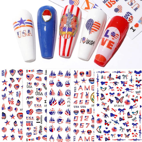 4th of July Nail Art Stickers Decals, American Flag Patriotic Independence Day 3D Nail Stickers Nail Supply USA Flags Heart Star Design Nail Decal...