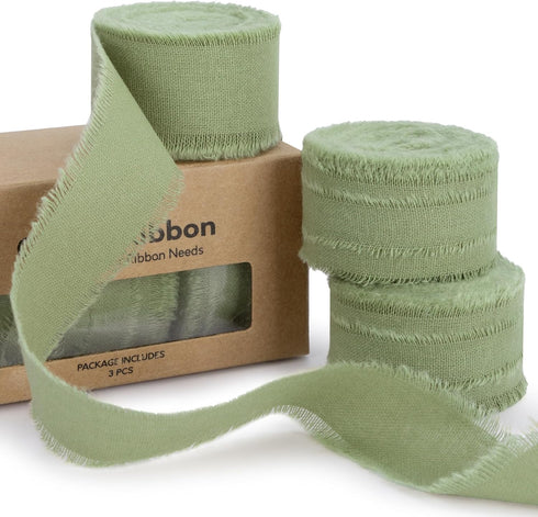 Sage Green Ribbon 1 x 15 Yards with Frayed Fringe Fabric Cotton Ribbons for Gift Wrapping Wedding Invitations Flower Bouquet Baby Shower...