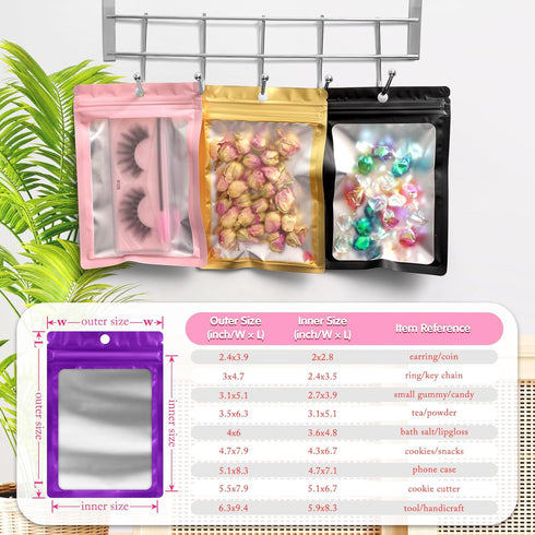 FUNFERY 100 Pack Mylar Resealable Bags Foil Packaging Bags with Clear Window,Zipper Pouch Smell Proof Bags for Food Storage,Cookies,Sample,Small B...