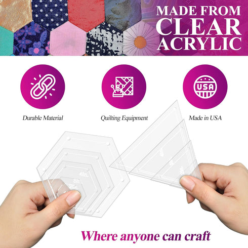 Quilting Acrylic Template Set | Precision Tools for Quilting Enthusiasts | Hexagon & Triangle Design | Includes Sizes 4", 3", 2", 1" | 1/8 Clear A...