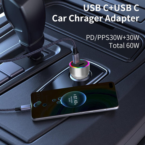Aluminum Alloy Car Charger,WORDIMA USBC Car Charger Transparent Case,60W Led RGB PD/PPS Compatible with iPhone 14 Pro Max/14 Plus/13 Pro Max/Ipad ...