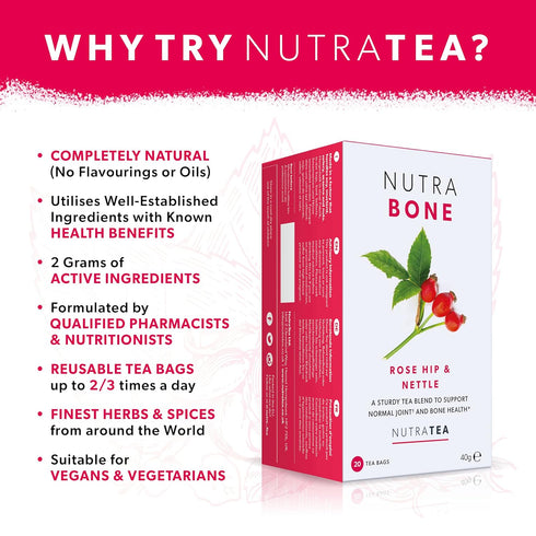 NUTRABONE - Bone Health Tea – Includes Rose Hip, Ginkgo Biloba and Yucca - For Bone Strength and Support - 20 Enveloped Tea Bags - by Nutra Tea - ...