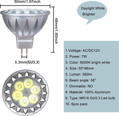 ALIDE MR16 Led Bulbs GU5.3 7W 6000K Daylight Cool Bright White,50W-75W Halogen Equivalent,12V MR16 Bulb Spotlight for Kitchen Home Track Ceil Rece...