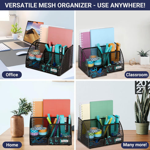 Office Desk Organizers and Accessories - 6 Compartment Black Mesh Office Organizer with Sliding Drawer, Desktop Organizer Caddy for Storing Pens, ...