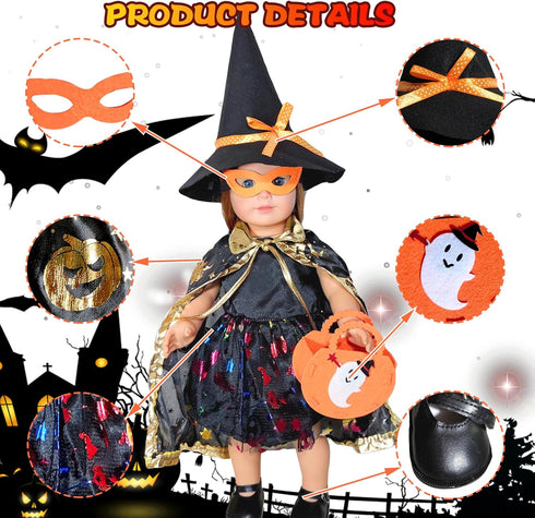 Halloween-Doll-Clothes Outfits Pumpkin with Lantern for 18-inch-Dolls - American Doll Halloween Costumes Gifts for Little Girls -Black...