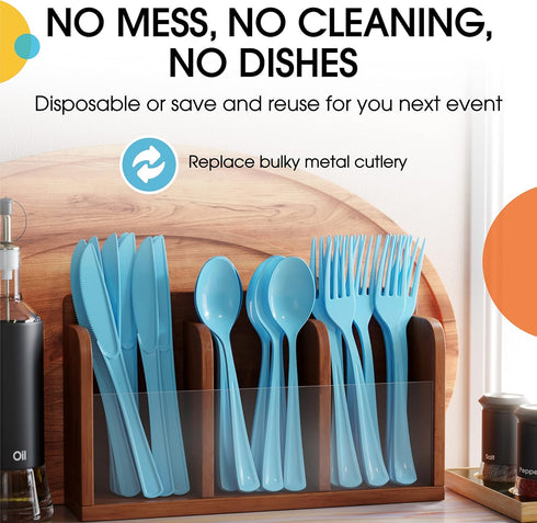 Disposable Light Blue Plastic Spoons 50 Pcs - Heavy Duty Light Blue Plastic Disposable Cutlery - Light Blue Disposable Flatware, Light Blue Plasti...