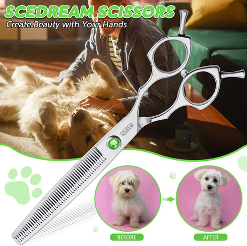 Dog Grooming Scissors 7.4" 50 Teeth Professional Thinning Scissors 440C Stainless Steel Pet Grooming Thinning Blending Shears with Offset Handle a...