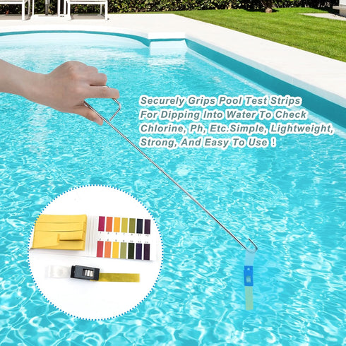 2 Set Pool Skimmer Basket Handle, 16" Stainless Steel Swimming Pool Skimmer Lid Lifting Hook with Pool Test Strip Holder Universal Skimmer Lid Lif...