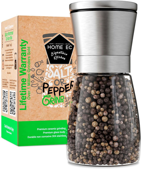 HOME EC Original Stainless Steel Salt or Pepper Grinder 1pk - Adjustable Ceramic Sea Salt Grinder or Pepper Mill - Tall Glass Spice Shaker - Spice...