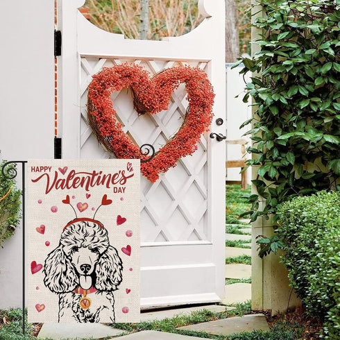 Valentines Day Garden Flag Valentine Poodle Dog Flags for Outside Love Heart Anniversary Wedding Party Home Burlap Double Sided Yard Outdoor Decor...