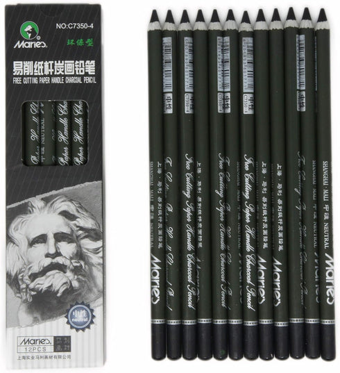 Charcoal Pencil Set - 12pcs/pk - Black Free Cutting Paper Handle Charcoal Pencil C7350 (Soft)...