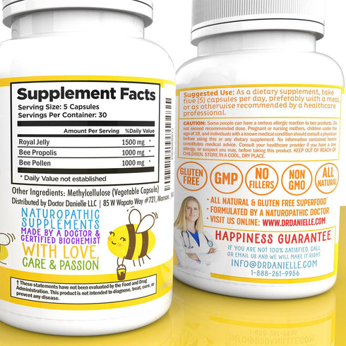 Dr. Danielle's Bee Wise - Bee Pollen Supplement - Bee Well with Royal Jelly, Propolis, Beepollen in 4 Daily Bee Pollen Capsules...
