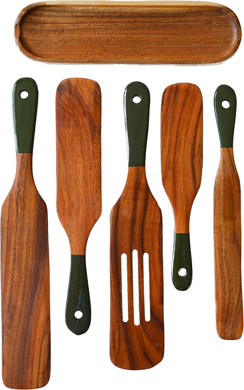 6Pcs Spurtle with Spoon Rest, Wooden Spatula Olive Green, Wooden Utensils for Cooking, Wooden Spatula, Wooden Kitchen Utensil Set, Spurtles Kitche...