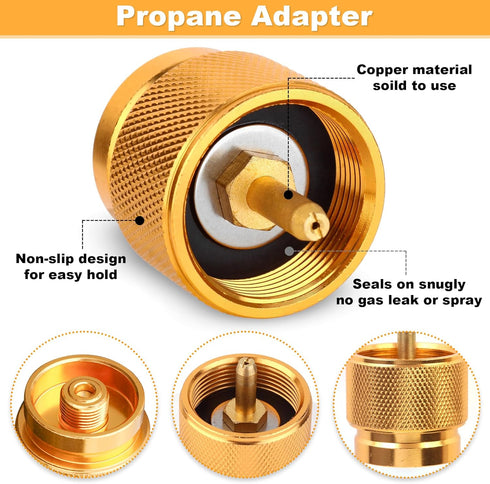 2PCS Butane To Propane Adapter For 1Lb Propane Small Tank, Gold Silver Camping Stove Adapter With Portable Zip Carry Case, Propane Canister Conver...