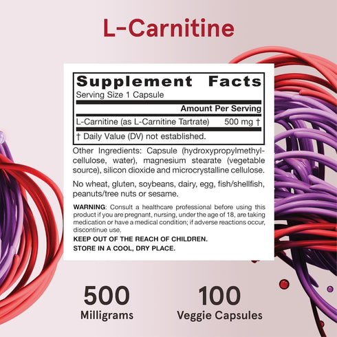 Jarrow Formulas L-Carnitine 500 mg, Dietary Supplement, Support for Cellular Energy Production, 100 Veggie Capsules, 100 Day Supply...