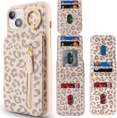 iPhone 15 Case with Card Holder for Women, iPhone 15 Phone Case Wallet with Strap Credit Card with Kickstand Zipper Case for iPhone15 - Rice Leopa...