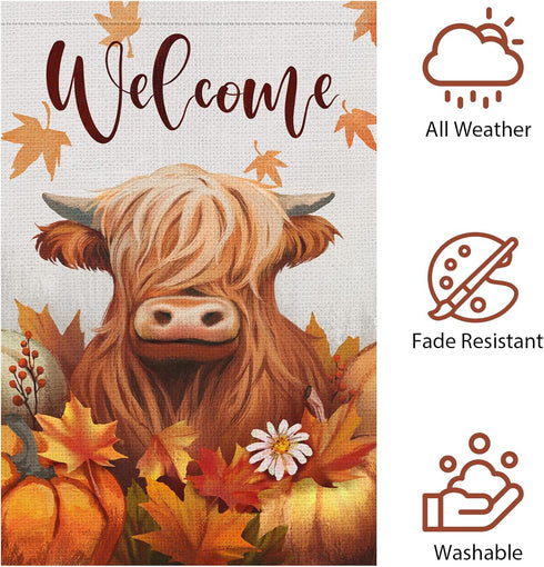 Welcome Fall Highland Cow Garden Flag 12x18 Inch Double Sided Burlap, Farmhouse Pumpkins Cow Yard Decor Seasonal Flowers Porch Flag for Rustic Aum...