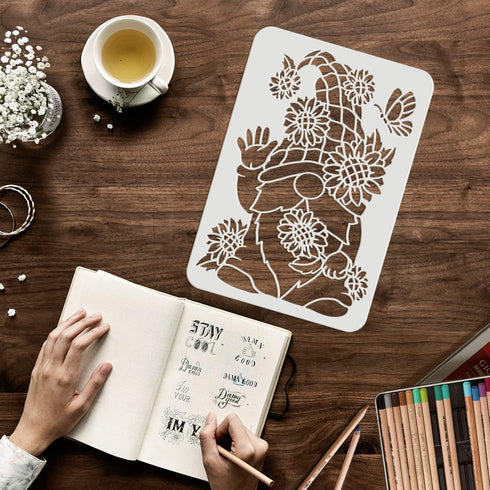 FINGERINSPIRE Sunflower Gnomes Stencils 11.7x8.3inch Seasonal Gnomes Stencils Sunflower Sunshine Patterns Template Seasonal Holiday Gnomes Stencil...