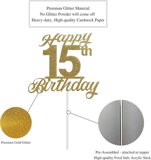 15th Birthday Cake Topper, Birthday Party Decorations with Premium Gold Glitter...