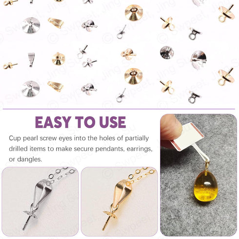 Swpeet 680Pcs Gold and Sliver 3mm 4mm 5mm 6mm 8mm Cup Pearl Screw Eye Pin Bail Peg Pendants with 7mm Pendant Charm Clasps Connector Kit, Perfect f...