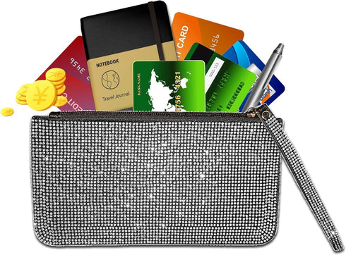 Crystal Zipper Change Purse Wallet,Bling Rhinestone Wallet,Double-sided crystal diamond Zip Coin Pouch,Travel Purse For ID Case(Silver)...