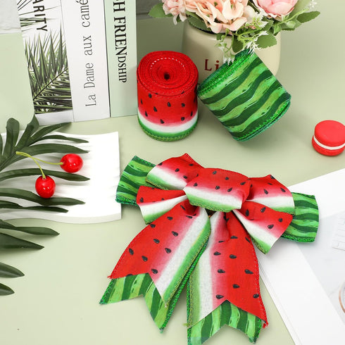 AnyDesign Summer Wired Edge Ribbon Watermelon Print Craft Ribbon Red Green Fruit Fabric Ribbon for Wreath Bow Making DIY Crafts Wrapping Party Dec...