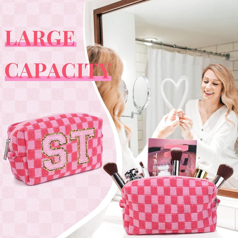6 Pcs Preppy Makeup Bag Bulk Checkered Cosmetic Bag Pink Makeup Pouch Personalize Travel Toiletry Bag Organizer Cute DIY Makeup Brushes Storage Ba...