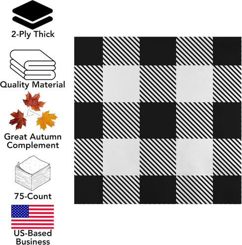 Iconikal 75-Count Black Gingham Disposable Paper Party Napkins, White Buffalo Plaid, Dinner Size...