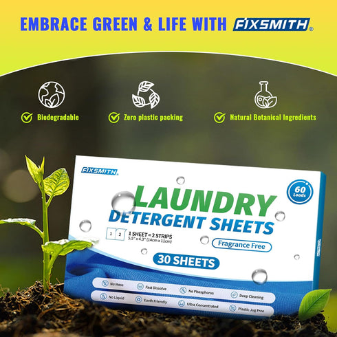 FIXSMITH Laundry Detergent Sheets - 60 Loads (30 Sheets) Fragrance Free - Hypoallergenic,Unscented,Eco Friendly Laundry Detergent Strips Concentra...
