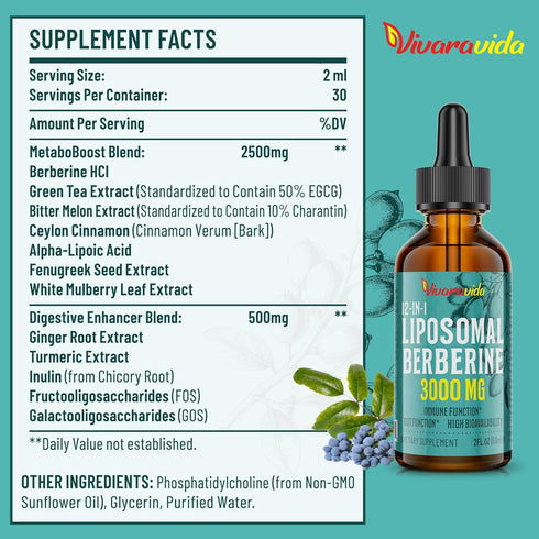 Berberine HCl Drops Supplement 3000 mg - Liposomal Berberine HCl Liquid - AMPK Activator with Turmeric, Ceylon Cinnamon, 12 Natural Ingredients - ...