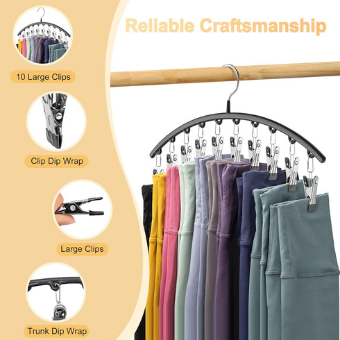 Legging Organizer for Closet, Metal Yoga Pants Hangers 1 Pack w/10 Clips Holds 10 Leggings, Hangers Space Saving Hanging Closet Organizer w/Rubber...