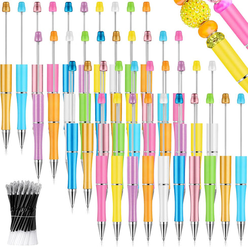 Crtiin 50 Pieces Plastic Beadable Pen Bulk Bead Ballpoint Pen Shaft Black Ink Beaded Pens with 50 Refills for DIY Making Gift Kids Students Office...