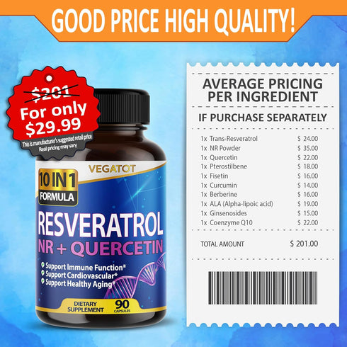 VEGATOT 10 in 1 High Strength Resveratrol 11,500MG with Quercetin Healthy Aging Immune Brain Boost Joint Support (90 Count (Pack of 1))...