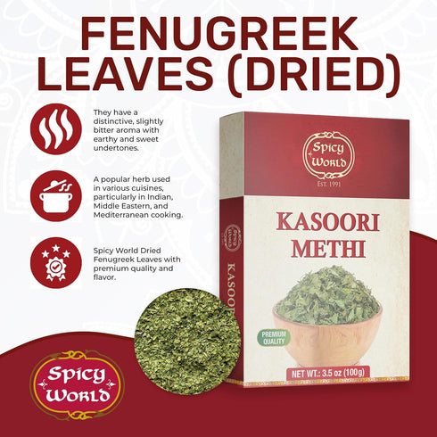 Spicy World Dried Fenugreek Leaves (Kasoori Methi) 3.5oz Box (100g) - All Natural | Vegan | Gluten Friendly | NON-GMO | Indian...