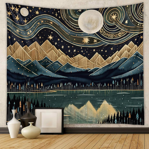 Tapzen Mountain Forest Tapestry (60x40 inches, Boho, Landscape, Polyester, Green-Blue, Unframed, Wall Mount) - Nature Wall Art for Bedroom Decor...