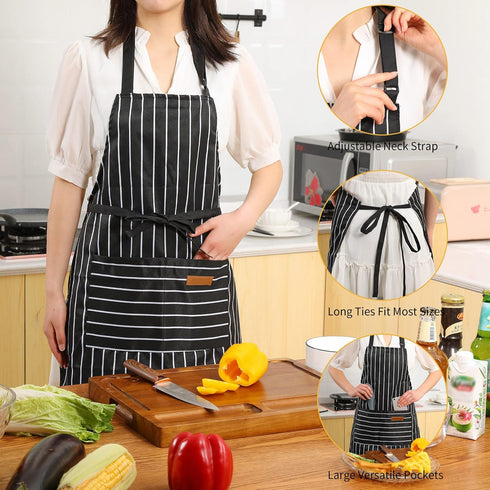 Tosewever 2 Pieces Kitchen Cooking Aprons, Cotton Polyester Blend Adjustable Bib Aprons with 2 Pockets for Women Men Chef Chef (Black/Brown Stripe...