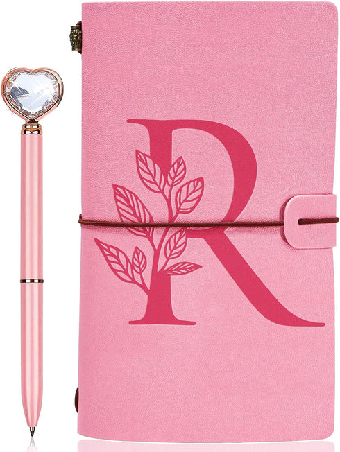 Personalized Journal Gift-Pink Initial Leather Journal+Heart Diamond Pen Set,Travel Notebook Diary Gifts,Refillable Notepads,Christmas,Birthday Gi...