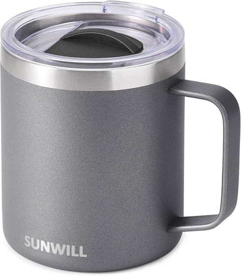 SUNWILL Travel Coffee Mug with Lid, Insulated Tumbler with Handle, 14 oz Stainless Steel Cup for Ice, Water, Tea, Powder Coated Cool Grey...