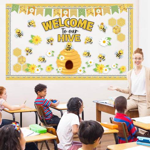 77Pcs Bee Bulletin Board Decorations Summer Bee Hive Cutout Classroom Bulletin Board Border Set Decoration Bee Sunflower Cut Outs for Wall Decor C...