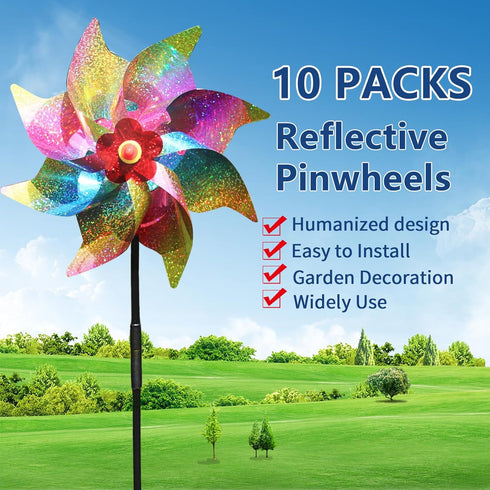 10 Pieces 21 Inches Rainbow Reflective Pinwheels with Stakes Windmill Wind Spinners Outdoor for Yard Garden Lawn Farm Decor Bird Repellent, Large ...