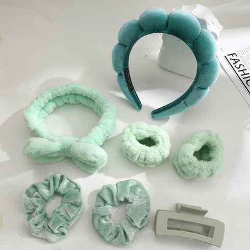 7Pcs Spa Headband and Wristband Set, Face Wash Headband Makeup Skincare Headband Wrist Bands Thick Puffy Sponge Bubble Headband Wrist Scrunchies C...
