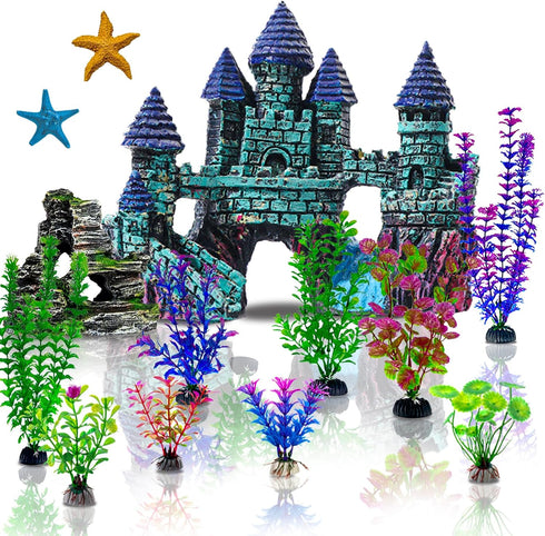 13 Pieces Aquarium Decorations Kit, Fish Tank Decorations Set Small Resin Castle and Rockery Betta Fish Cave Hideout Coral Artificial Plastic Plan...