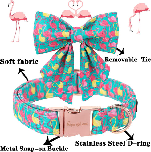 Unique Style Paws Dog Collar with Bowtie, Cute Flamingo Dog Collars Adjustable Puppy Collar for Small,Medium,Large Dogs...